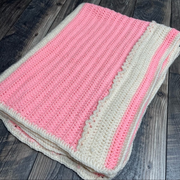 Vintage Pink Bright Neon Cream Crochet Afghan Throw Blanket Baby Blanket 34x42in - Picture 1 of 3